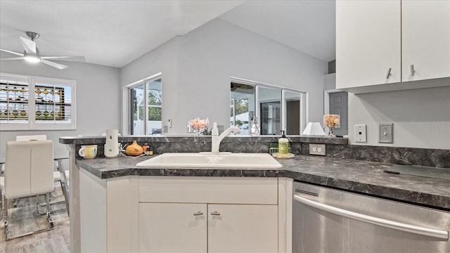 kitchen with sink, dishwasher, white cabinetry, and ceiling fan