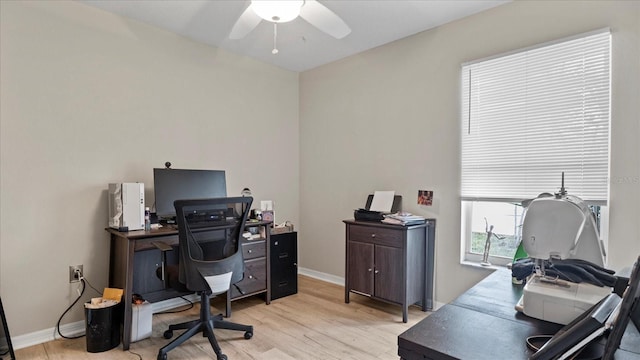 office featuring ceiling fan and light hardwood / wood-style floors