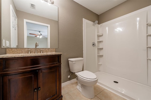 bathroom with a shower, toilet, vanity, and tile patterned flooring