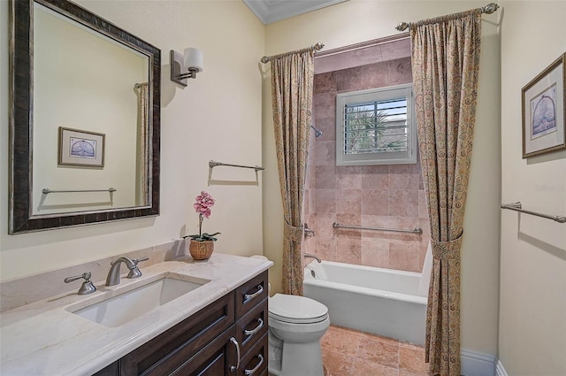 full bathroom featuring vanity, shower / bathtub combination with curtain, and toilet