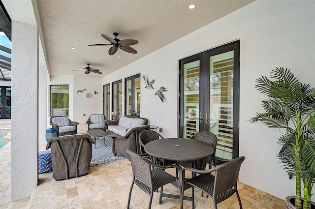 view of patio with french doors, ceiling fan, and an outdoor hangout area