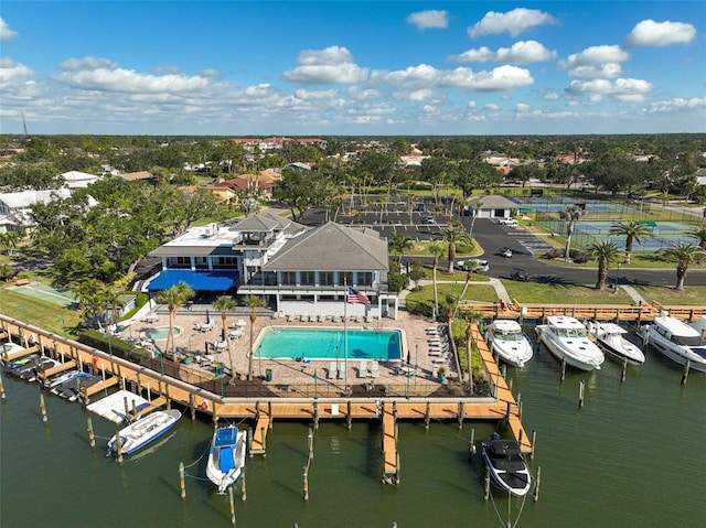 drone / aerial view with a water view