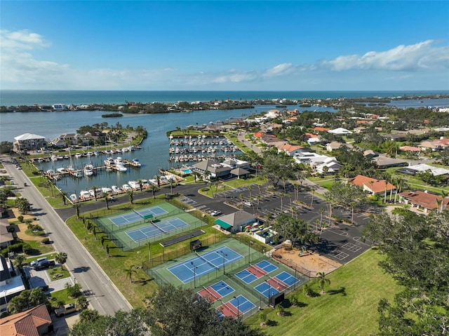 drone / aerial view with a water view