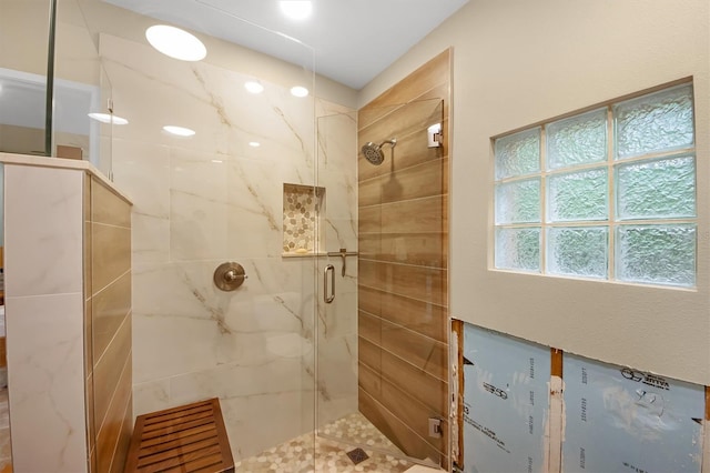 bathroom featuring a shower with door