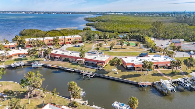 birds eye view of property featuring a water view