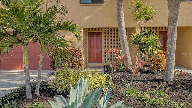 view of exterior entry featuring a garage and stucco siding