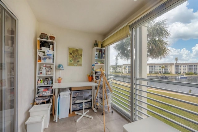 home office with tile patterned floors