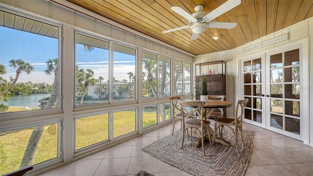 sunroom / solarium featuring wood ceiling, a water view, ceiling fan, and french doors