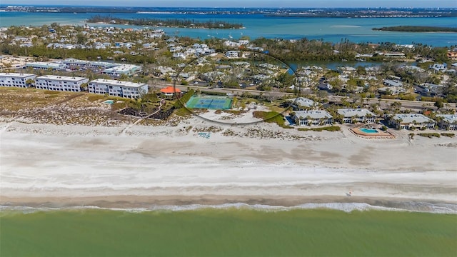 aerial view with a view of the beach and a water view