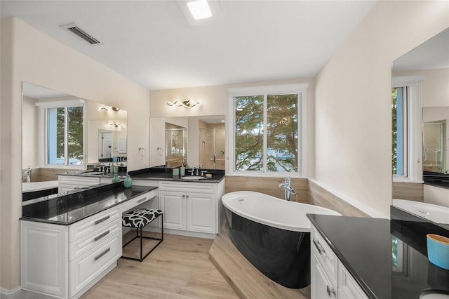 bathroom with hardwood / wood-style flooring, a tub, plenty of natural light, and vanity