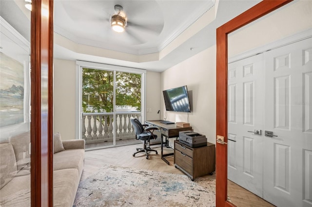 home office with crown molding, ceiling fan, a raised ceiling, and light hardwood / wood-style flooring