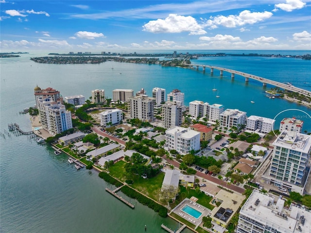 bird's eye view with a water view