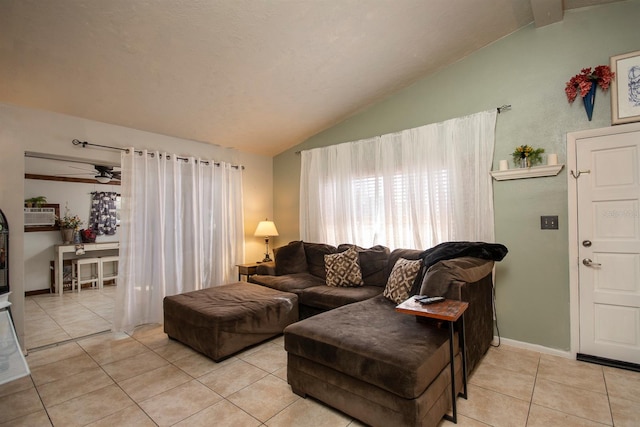 tiled living room featuring lofted ceiling