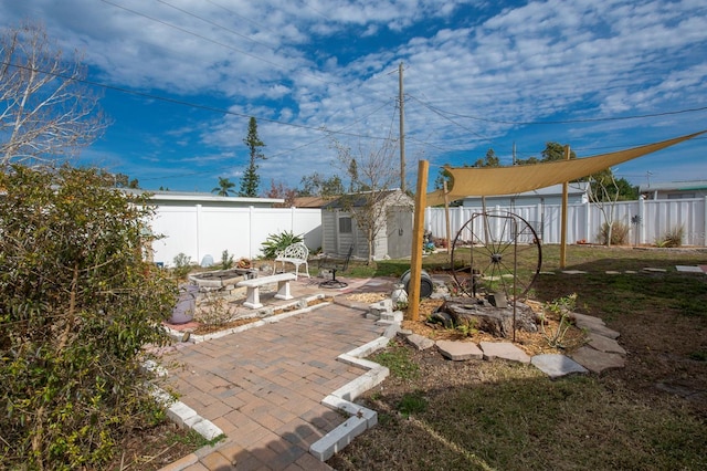 view of yard with a patio area and a storage unit