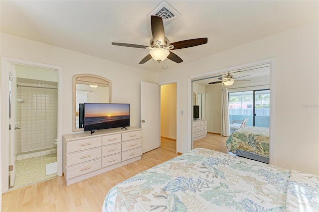 bedroom with ceiling fan, ensuite bathroom, access to exterior, and light hardwood / wood-style floors