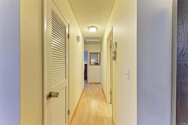 corridor featuring light wood-type flooring and a textured ceiling