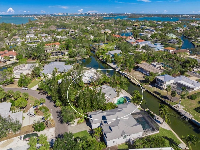 drone / aerial view featuring a water view