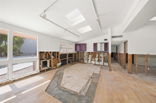 misc room with vaulted ceiling with skylight, hardwood / wood-style floors, and rail lighting