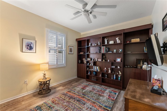 living area featuring hardwood / wood-style flooring and ceiling fan