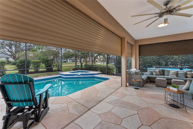 view of pool featuring an outdoor hangout area, a patio, ceiling fan, and an in ground hot tub