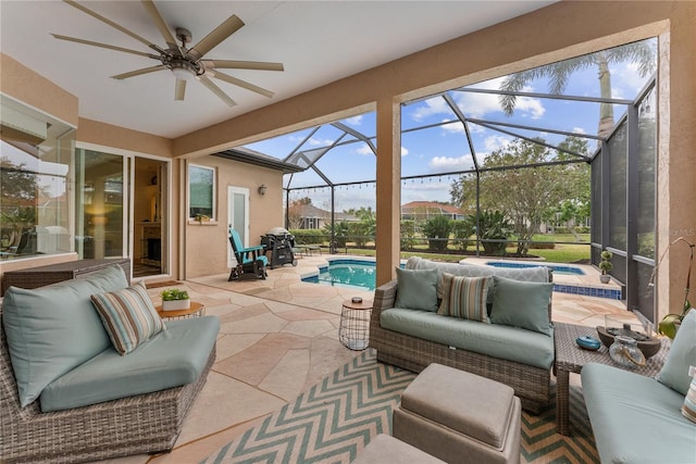 view of patio featuring ceiling fan, outdoor lounge area, a pool with hot tub, and a lanai