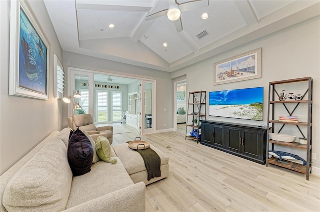 living room featuring beamed ceiling, ceiling fan, high vaulted ceiling, and light hardwood / wood-style floors