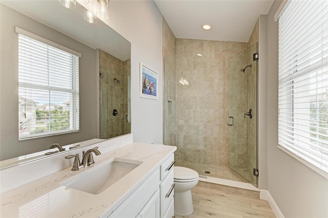 bathroom featuring vanity, hardwood / wood-style flooring, toilet, and walk in shower