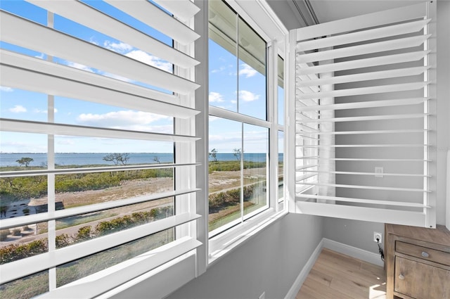 room details with a water view and hardwood / wood-style flooring