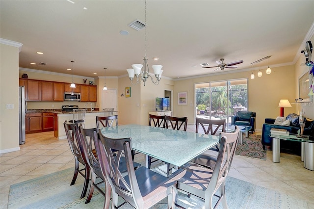 dining area featuring ornamental molding, sink, ceiling fan with notable chandelier, and light tile patterned floors