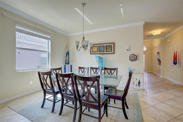 tiled dining area featuring ornamental molding and a notable chandelier