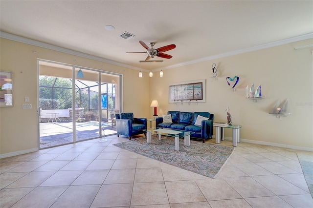 tiled living room with crown molding and ceiling fan