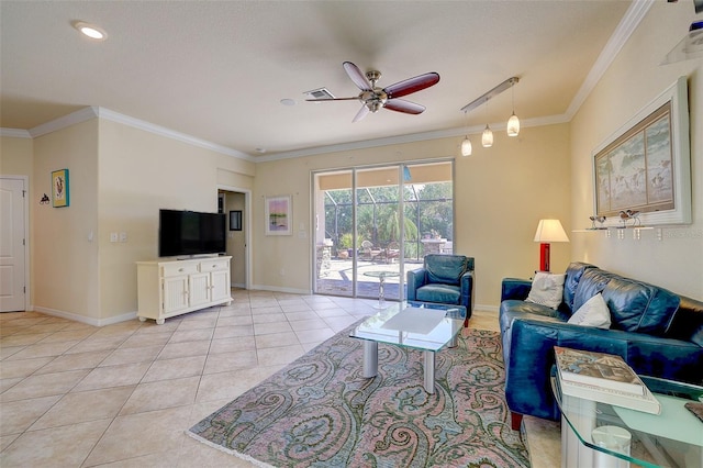 tiled living room with crown molding and ceiling fan