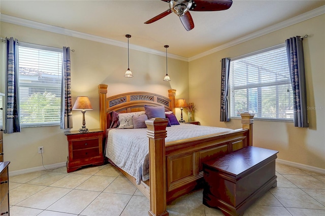 tiled bedroom with ornamental molding and ceiling fan