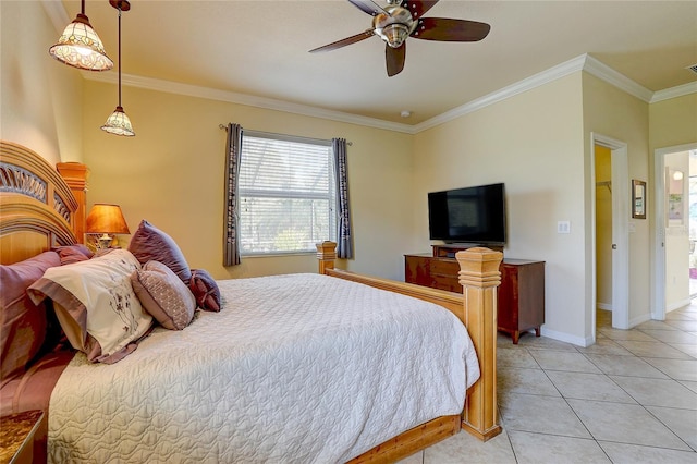 bedroom with ceiling fan, ornamental molding, and light tile patterned floors