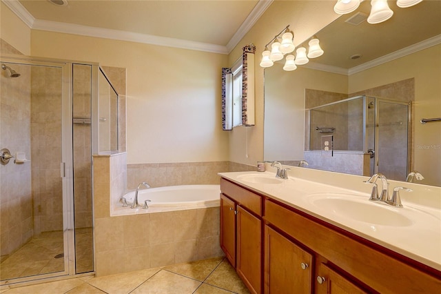 bathroom featuring independent shower and bath, ornamental molding, tile patterned floors, and vanity