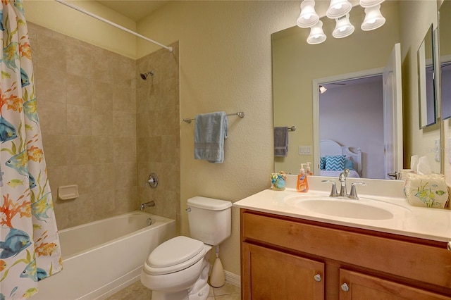 full bathroom with tile patterned floors, toilet, shower / tub combo, and vanity