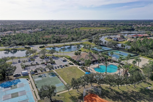 aerial view featuring a water view