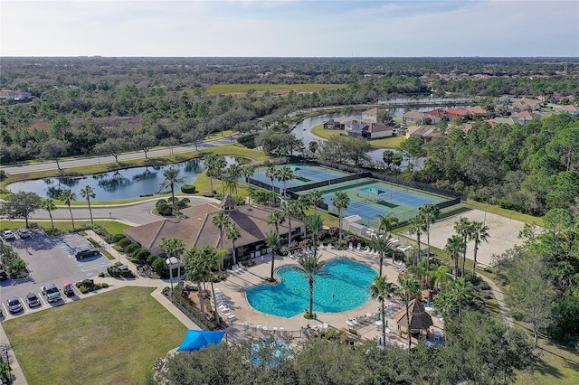 birds eye view of property featuring a water view