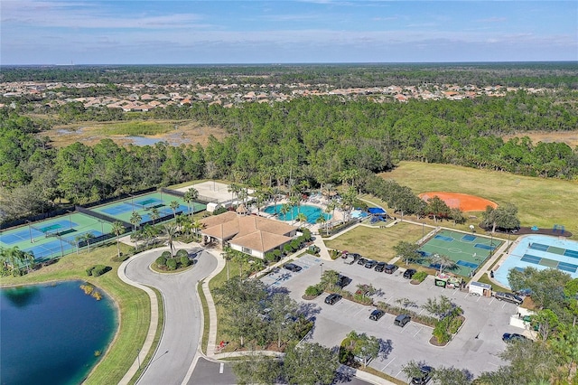 aerial view featuring a water view