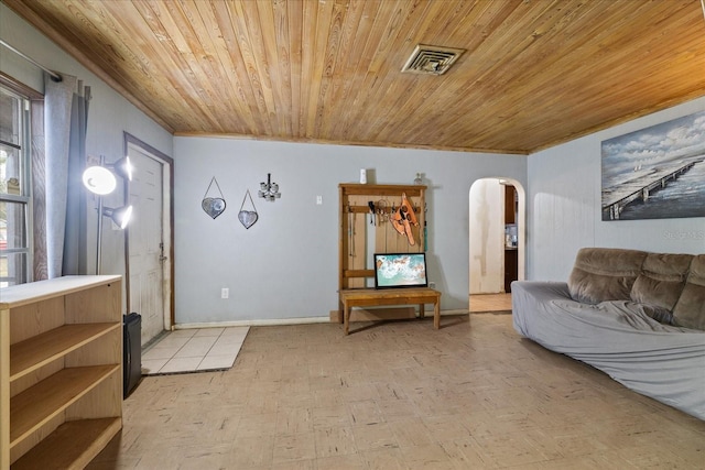 living room with wooden ceiling and ornamental molding