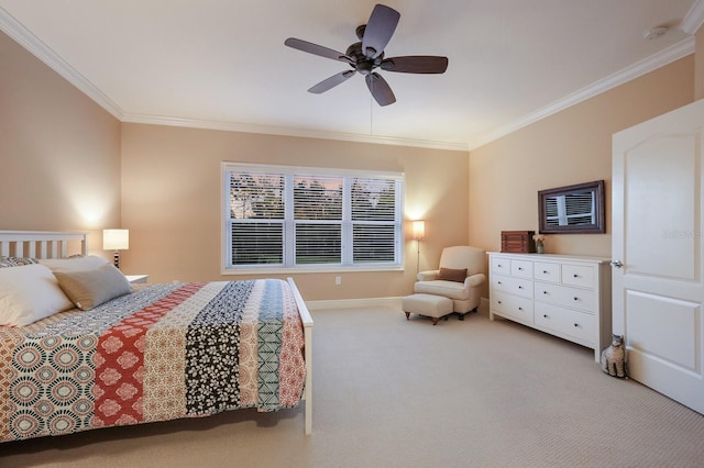 carpeted bedroom with ceiling fan and crown molding