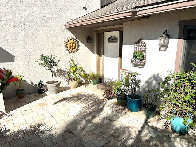 view of exterior entry featuring a patio area