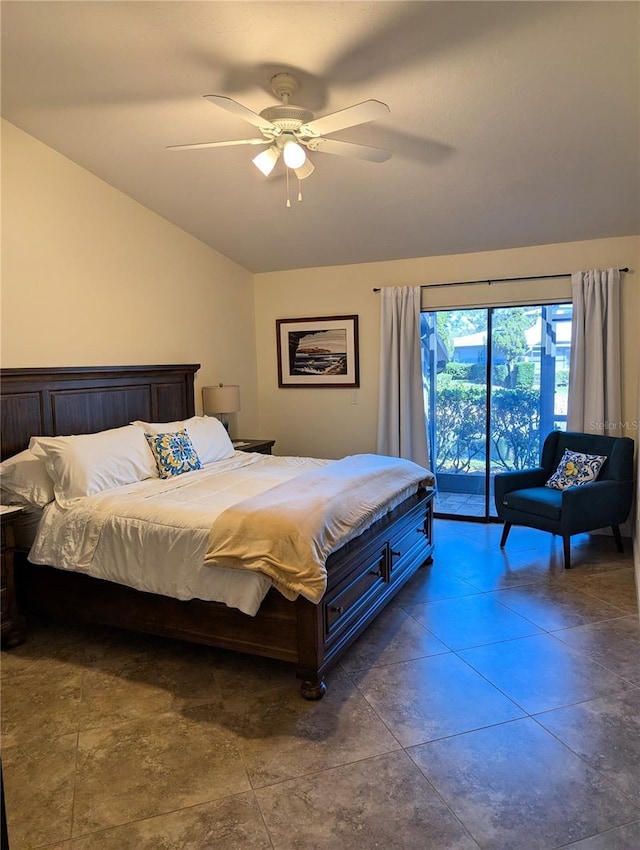 bedroom with lofted ceiling, access to outside, and ceiling fan