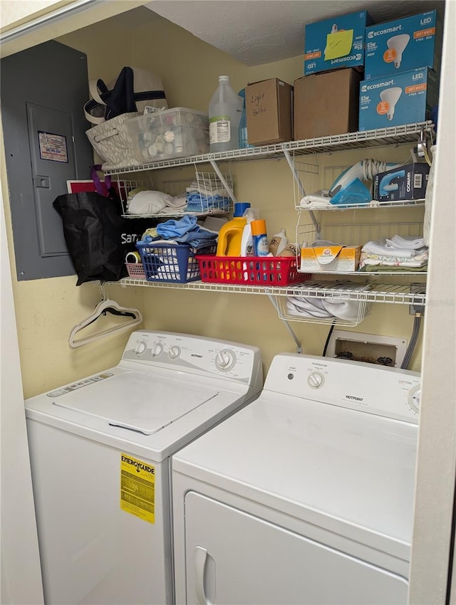 laundry room with electric panel and washing machine and dryer