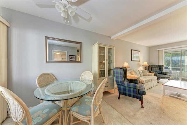 dining room with ceiling fan and beamed ceiling