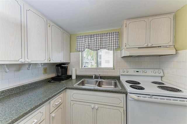 kitchen featuring sink, white range with electric cooktop, and backsplash