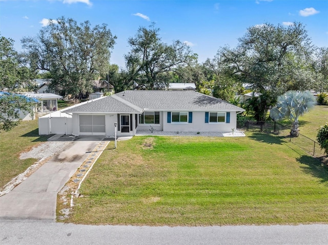 ranch-style house with a garage and a front lawn