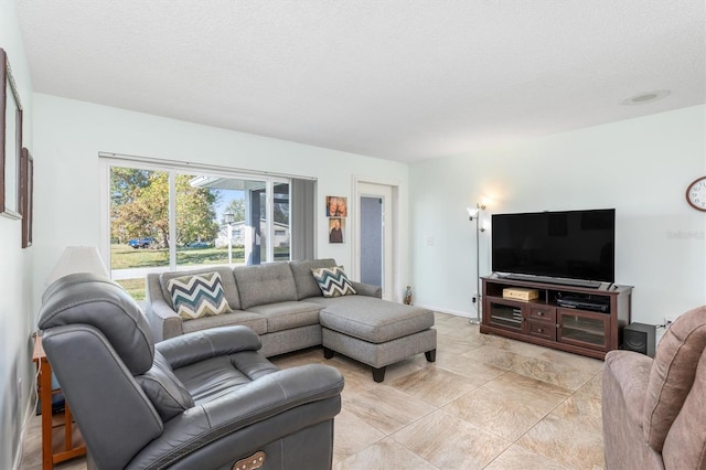 living room with a textured ceiling