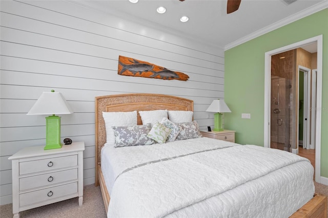 carpeted bedroom featuring ceiling fan and ornamental molding