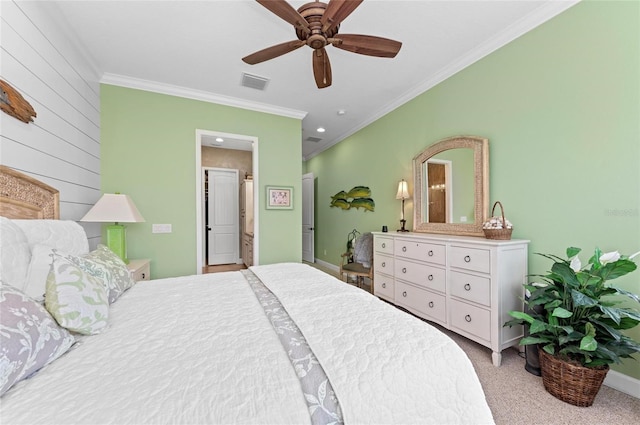 bedroom with ornamental molding, light colored carpet, and ceiling fan